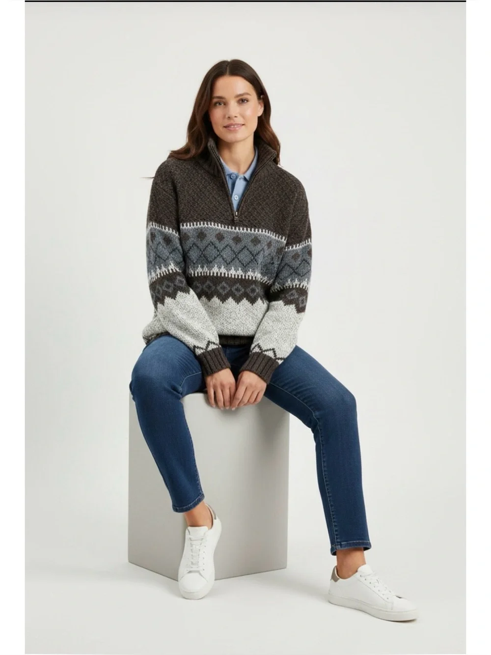 Men's Unisex Brown Fair Isle Mock Neck Ramie Blend Thick Sweater Size: XLT